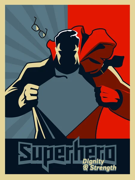 Superman scheuren zijn overhemd. Blauwe en rode afbeelding. Illustratie. Vectorillustratie. Silhouet — Stockvector