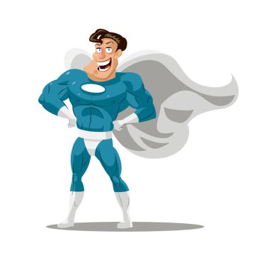 Güven ile ayakta ve samimi bir gülümseme ile kahraman çizgi film süper kahraman maske