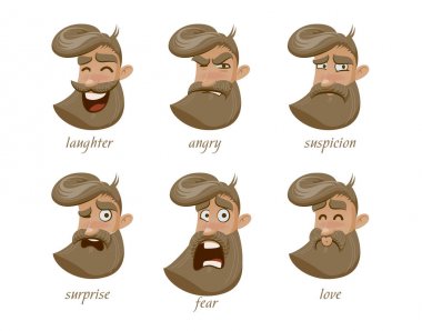 Hipster karakter ifadeler kümesi. Kahkaha, kızgın, şüphe, üzüntü, sürpriz, korku, aşk, mutlu.