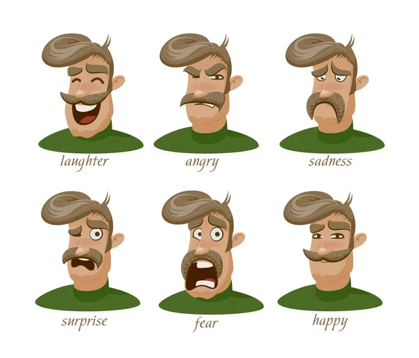 Moustached man character expressions set. Laughter, angry, suspicion, sadness, surprise, fear, love, happy. — Stock Vector