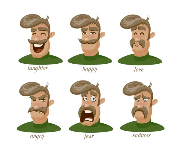 Moustached man character expressions set. Laughter, angry, suspicion, sadness, surprise, fear, love, happy. — Stock Vector