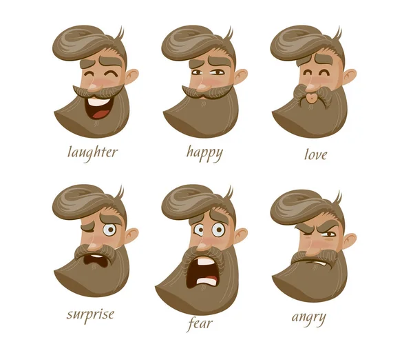 Hipster character expressions set. Laughter, angry, suspicion, sadness, surprise, fear, love, happy. — Stock Vector