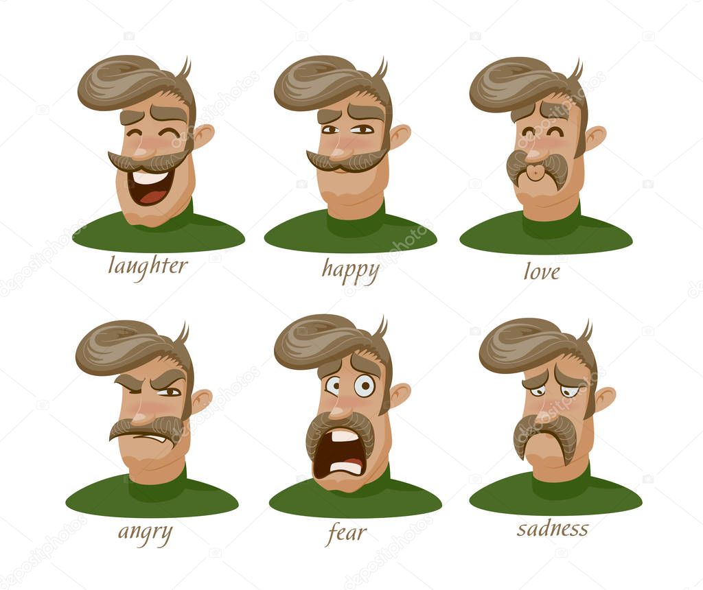 Moustached man character expressions set. Laughter, angry, suspicion, sadness, surprise, fear, love, happy.