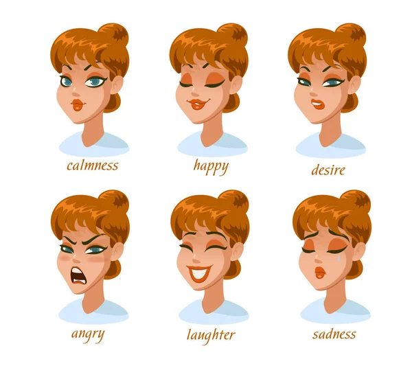 Jeu d'expressions de personnages féminins. calme, heureux, suspicion, peur, colère, rire, tristesse, désir . — Image vectorielle