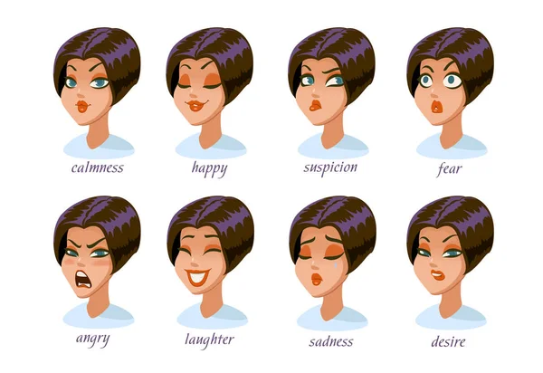 Ensemble d'expressions de caractère pour femme brune. calme, heureux, suspicion, peur, colère, rire, tristesse, désir . — Image vectorielle