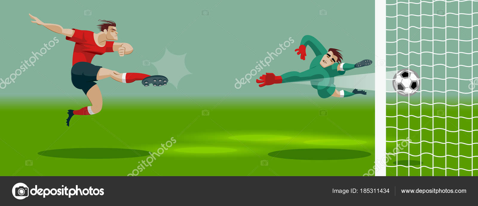 Soccer Player Kicking Ball in stadium and scores a goal. Stock Vector
