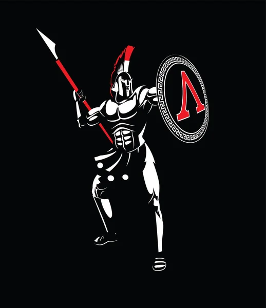 Spartan warrior in a helmet, with a spear and a shield. — Stock Vector