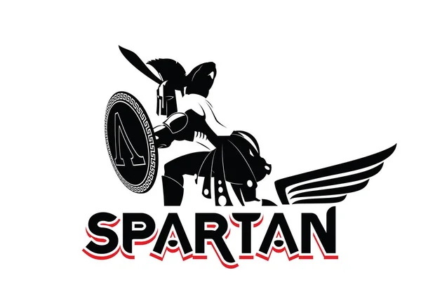 Lambang Spartan dengan helm dan perisai. Logo hitam-putih - Stok Vektor