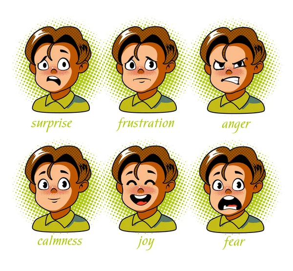 Jongen. Kid avatar expressies tekenset. Jongen in verschillende emoties — Stockvector