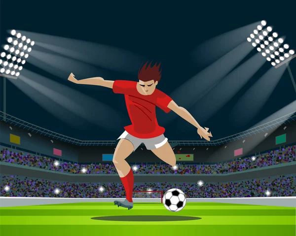 Jogador de futebol chutando bola no estádio. Luz, stands, ventiladores . — Vetor de Stock