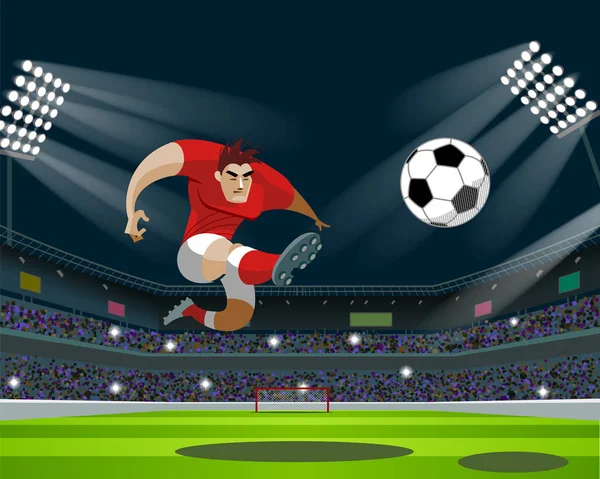 Jugador de fútbol pateando pelota en el estadio. Luz, soportes, ventiladores . — Archivo Imágenes Vectoriales