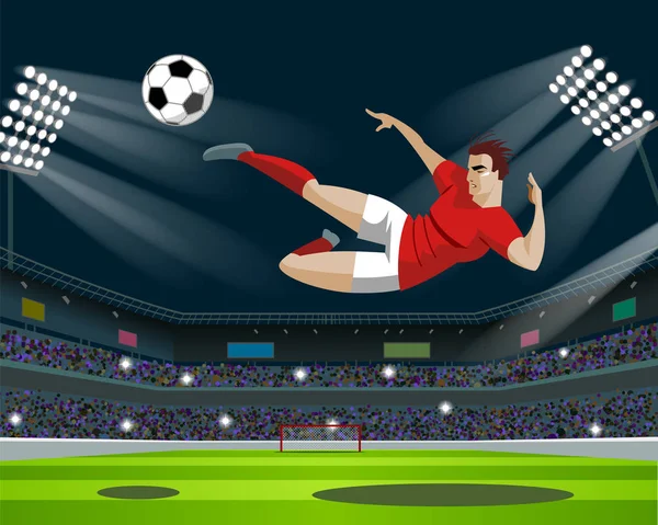 Jugador de fútbol pateando pelota en el estadio. Luz, soportes, ventiladores . — Vector de stock