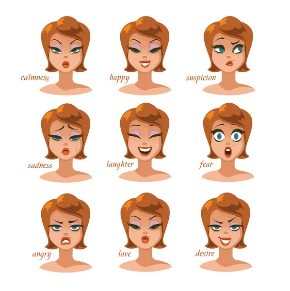 Vrouw expressies emoties tekenset. Vectorillustratie — Stockvector