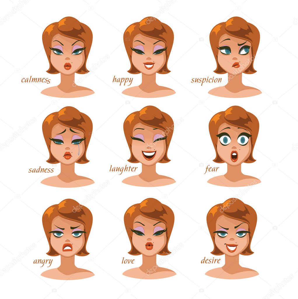 Woman character expressions emotions set. Vector illustration 