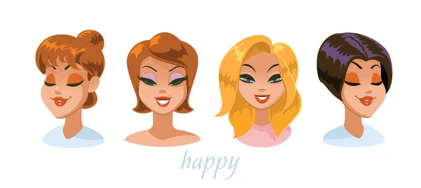 Forskellige kvinder karakter udtryk sæt. Lykkelig . – Stock-vektor