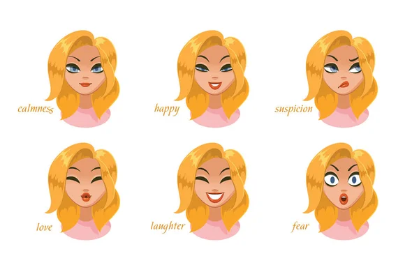 Beautiful women expressions set. calmness, happy, suspicion, fear, angry, laughter, sadness, desire. — Stock Vector