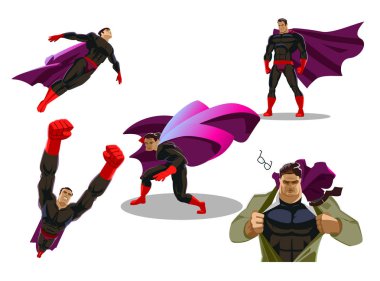 Çizgi roman süper kahraman eylemleri farklı teşkil etmektedir. Erkek süper kahraman vektör çizgi film karakterleri. Küme veya kahraman çizgi film karakteri topluluğu.