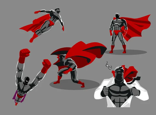 Acciones cómicas de superhéroes en diferentes poses. Hombre super héroe vector personajes de dibujos animados. Conjunto o colección de personajes de dibujos animados heroicos . — Vector de stock