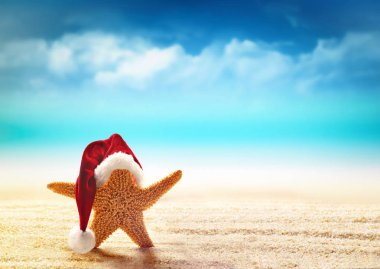 Deniz yıldızı deniz kenarında santa şapkalı