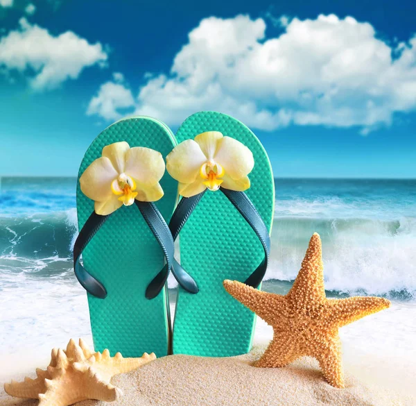 stock image pair flip-flops on the sand of a beach