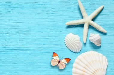 Yaz deniz arka plan - kabukları, yıldız ahşap mavi arka plan üzerinde