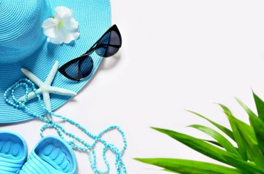 Palm beach öğelerle beyaz yüzey üzerinde yeşil, görünümü top