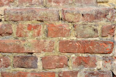 Dökülen alçı ve desenli eski, eski, kirli tuğla duvarın arka planı