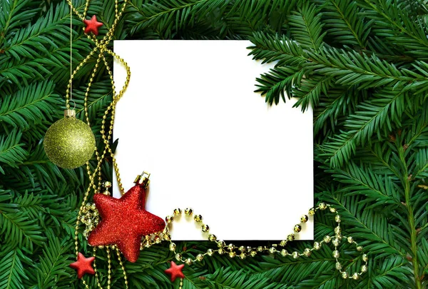 Creatieve achtergrond van pine tak met Witboek kaart. Nieuwjaar en Merry Christmas Concept. — Stockfoto