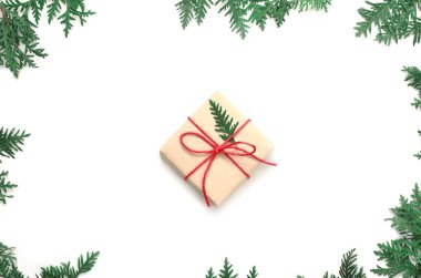 Noel hediye kutusu used ve köknar ağacı dalı beyaz arka plan üzerinde. Üstten Görünüm.