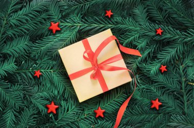 Noel: kutu hediye, çam dalları ile.