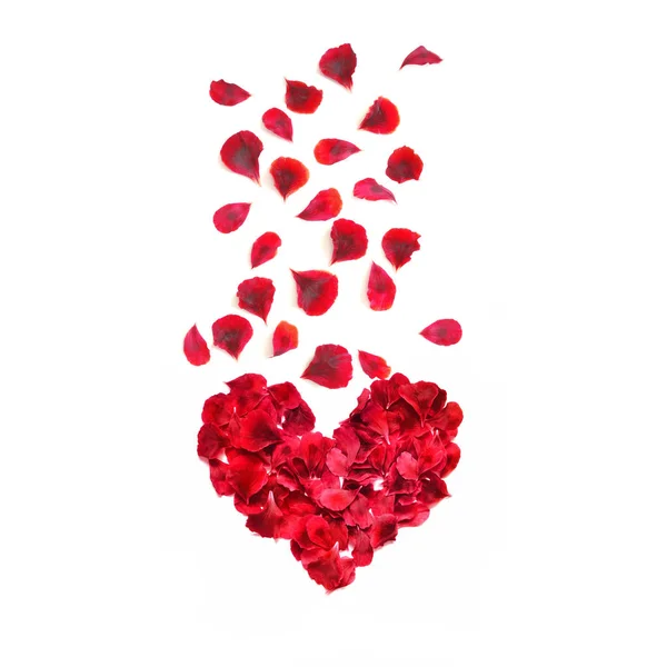 Hjärtat av rosenblad. Röda rosenblad hjärta över vit bakgrund. Ovanifrån med kopia utrymme för din text. Kärlek och romantiskt tema — Stockfoto