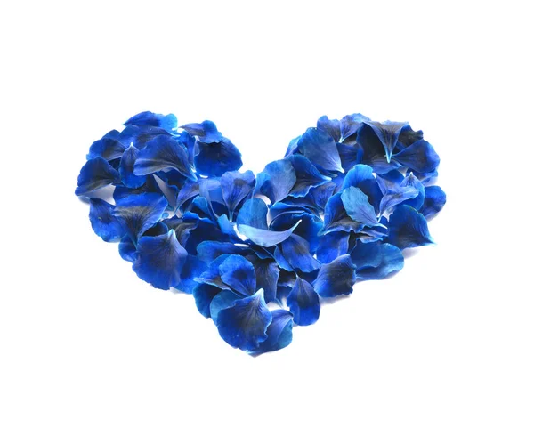 Coeur composé de pétales de rose. Pétales de rose bleue coeur sur fond blanc. Vue supérieure avec espace de copie pour votre texte. Amour et thème romantique — Photo