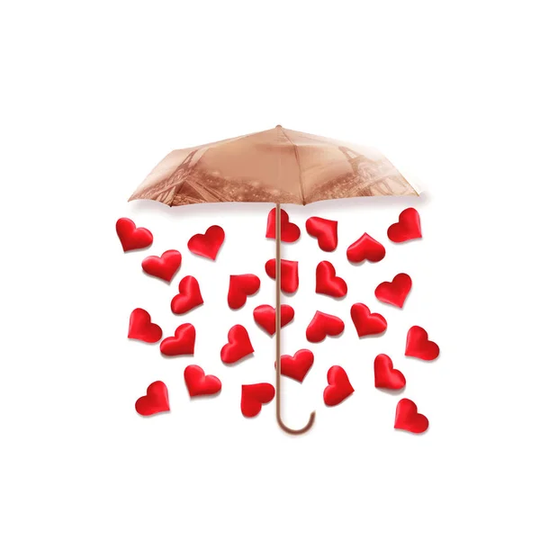 Concepto de San Valentín creativo foto de paraguas con corazones lloviendo sobre fondo blanco . — Foto de Stock