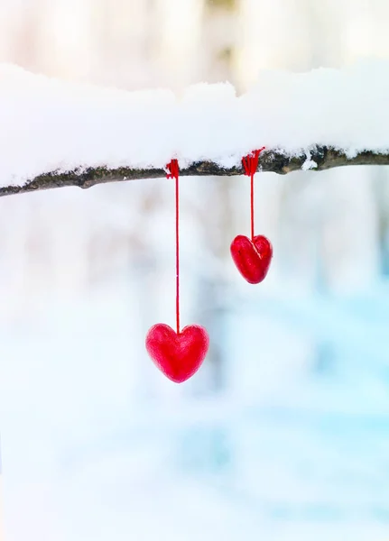 Красные сердца на ветке снежного дерева зимой. Праздники С днем Святого Валентина праздник сердечная любовь концепция . — стоковое фото