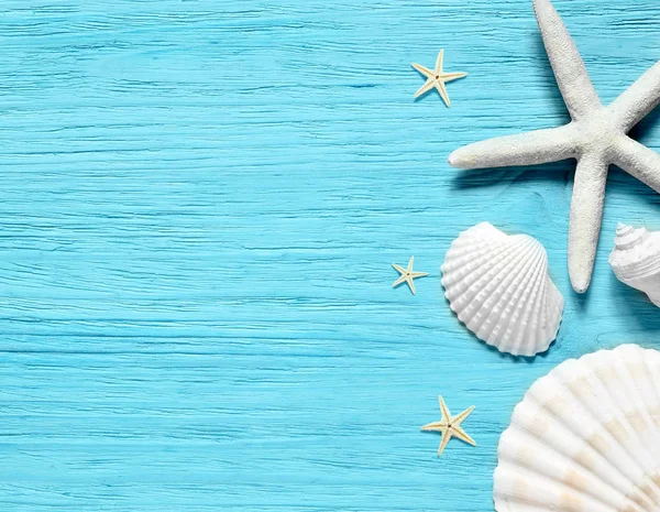 Yaz deniz arka plan - kabukları, yıldız ahşap mavi arka plan üzerinde