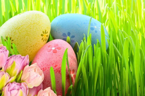 Painted Easter eggs and pink flowers in a bucket in green grass.