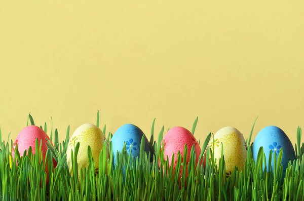 Painted Easter eggs in a green grass on a meadow.