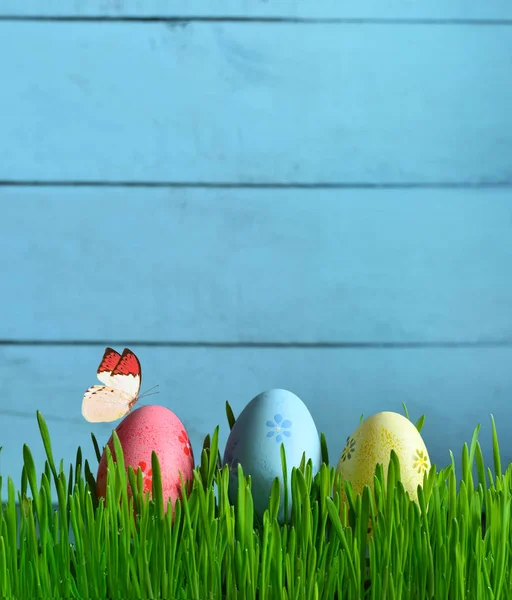 Huevos de Pascua pintados en una hierba verde en un prado . — Foto de Stock