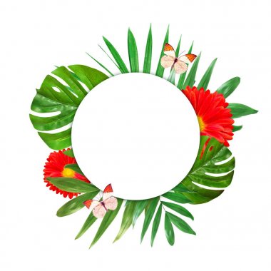 Yeşillik metin için yer ile beyaz bir arka plan üzerinde yaratıcı düzeni. Yaprak ve çiçek çerçevesinde. Çiçek arka plan. Yukarıdan görüntülemek