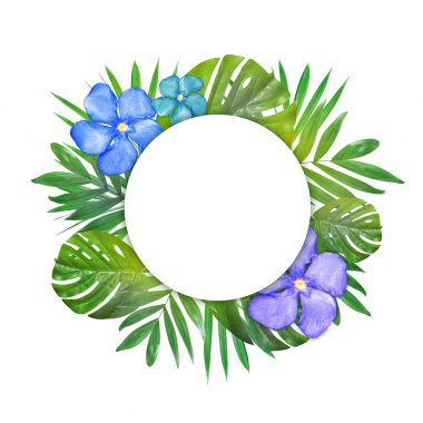 Yeşillik metin için yer ile beyaz bir arka plan üzerinde yaratıcı düzeni. Yaprak ve çiçek çerçevesinde. Çiçek arka plan. Yukarıdan görüntülemek