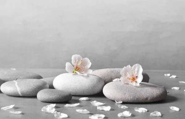 在灰色的背景上的花和石头禅 spa — 图库照片