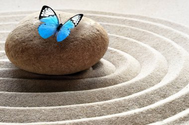 Zen bahçesi meditasyon taşı arka plan ve rahatlama dengesi ve ahenk ruhsallığı veya spa sağlığı için kumdaki taşlar ve çizgilerle kelebek.