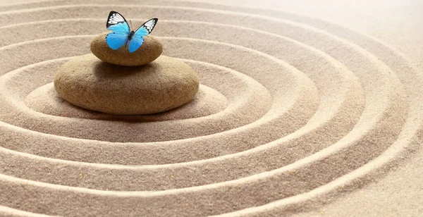 Zen Garten Meditation Stein Hintergrund und Schmetterling mit Steinen und Linien im Sand für Entspannung Gleichgewicht und Harmonie Spiritualität oder Wellness-Spa — Stockfoto