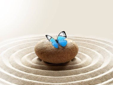 Zen bahçesi meditasyon taşı arka plan ve rahatlama dengesi ve ahenk ruhsallığı veya spa sağlığı için kumdaki taşlar ve çizgilerle kelebek.