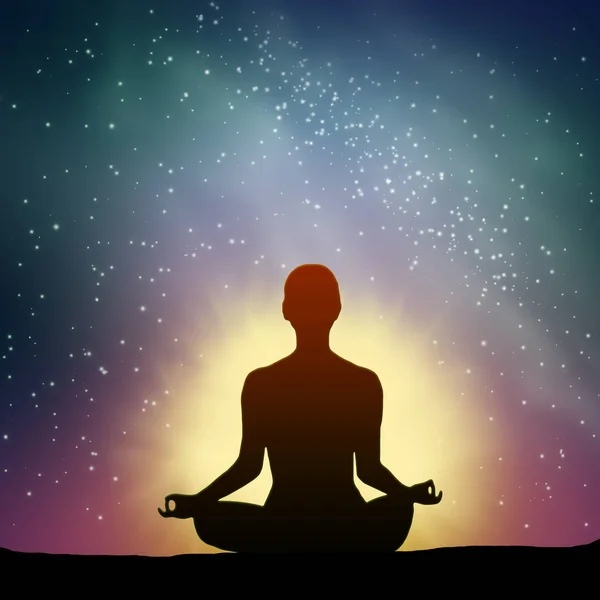 Gece gökyüzü yıldızlarla dolu ve yoga yapan bir insan silueti.