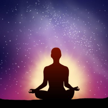 Gece gökyüzü yıldızlarla dolu ve yoga yapan bir insan silueti.