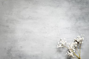 Pastel gri arka planda beyaz çiçek buketi. Düz yatış, üst görünüm.