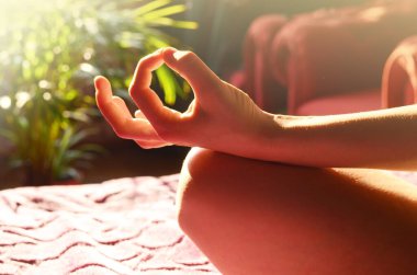 Çekici genç kadın evde çalışıyor, yoga egzersizi yapıyor, meditasyon yapıyor, nefes alıyor, dinleniyor. Nilüfer çiçeği, eline odaklan..