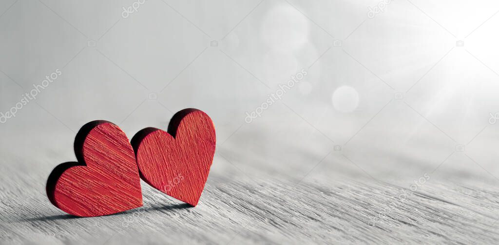 Valentine background with handmade hearts on rustic wood. Happy lovers day card mockup, copy space.
