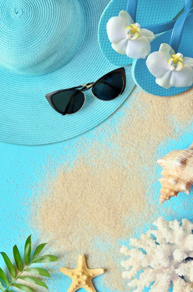 Zomervakantie Concept Plat Lag Strand Accessoires Bovenaanzicht Reiszomerconcept — Stockfoto